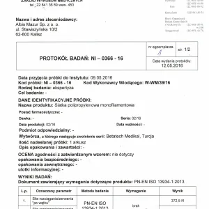 Narodowy Instytut Leków - badanie wytrzymałościowe siatki ALBIS str. 1.