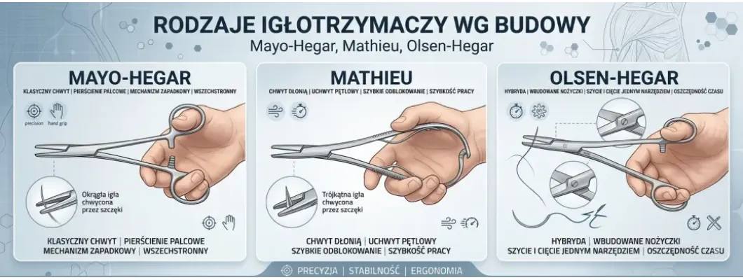 Rodzaje igłotrzymaczy wg budowy: Mayo-Hegar, Mathieu i Olsen-Hegar Rodzaje igłotrzymaczy wg budowy: Mayo-Hegar, Mathieu i Olsen-Hegar