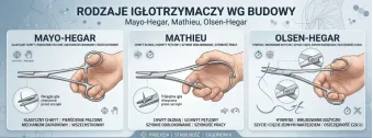 Rodzaje igłotrzymaczy wg budowy: Mayo-Hegar, Mathieu i Olsen-Hegar
