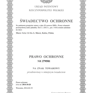 Urząd Patentowy RP - Świadectwo Ochronne nr 279581 - Znak towarowy