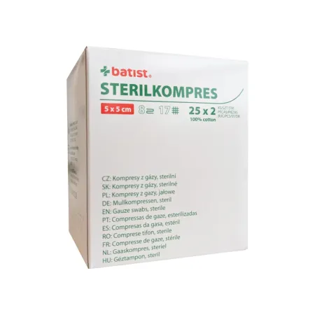 Kompresy z gazy jednorazowe sterylne 5x5cm 50 szt. Batis Sterilkompres / G0386 / Batist Medical Kompresy z gazy jednorazowe sterylne 5x5cm 50 szt. Batis Sterilkompres / G0386 / Batist Medical
