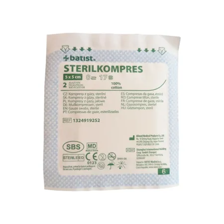 Kompresy z gazy jednorazowe sterylne 5x5cm 50 szt. Batis Sterilkompres / G0386 / Batist Medical Kompresy z gazy jednorazowe sterylne 5x5cm 50 szt. Batis Sterilkompres / G0386 / Batist Medical