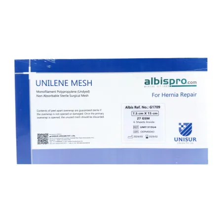 Siatka przepuklinowa Unilene Mesh 1 arkusz 27gsm 7,5x15 cm / G1709 / Unisur Siatka przepuklinowa Unilene Mesh 1 arkusz 27gsm 7,5x15 cm / G1709 / Unisur