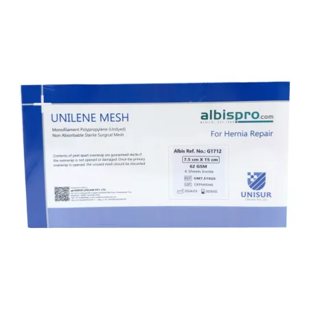 Siatka przepuklinowa Unilene Mesh 1 arkusz 62gsm 7,5x15 cm / G1712 / Unisur Siatka przepuklinowa Unilene Mesh 1 arkusz 62gsm 7,5x15 cm / G1712 / Unisur