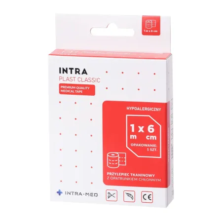 Plaster / przylepiec tkaninowy z opatrunkiem chłonnym 6cm x 1m po iniekcji / G1808 / INTRA-MED Plaster / przylepiec tkaninowy z opatrunkiem chłonnym 6cm x 1m po iniekcji / G1808 / INTRA-MED