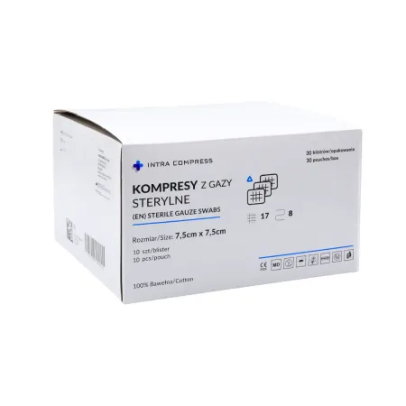 Kompresy z gazy jałowe 7,5x7,5cm 30op. po 10szt. Intra Compress / G1979 / INTRA-MED Kompresy z gazy jałowe 7,5x7,5cm 30op. po 10szt. Intra Compress / G1979 / INTRA-MED