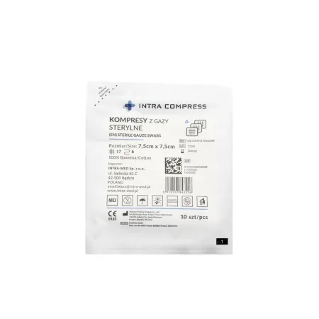 Kompres z gazy sterylny 7,5x7,5cm 30 blistrów po 10 szt. 17N 8W Intra Compress / G2065 / INTRA-MED Kompres z gazy sterylny 7,5x7,5cm 30 blistrów po 10 szt. 17N 8W Intra Compress / G2065 / INTRA-MED